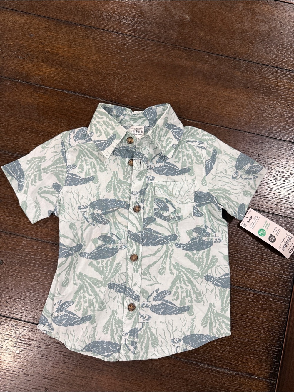 Carter's White Button-Up Shirt with Blue Turtle & Green Seaweed Print